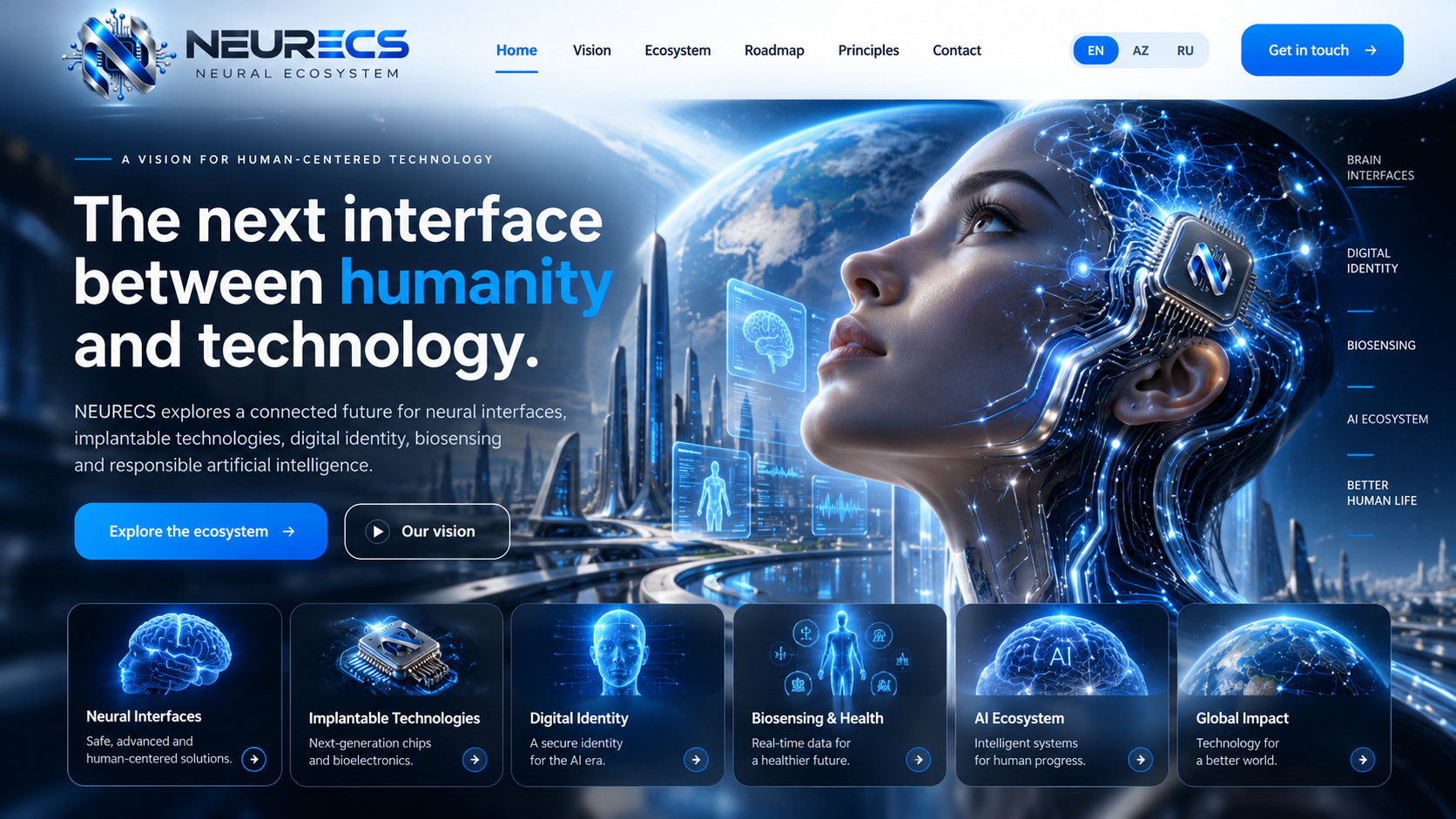 NEURECS futuristic neural ecosystem, exactly as approved: neural interfaces, implants, digital identity, biosensing and AI
